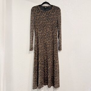 Rachel Zoe Leopard Print Mesh Maxi Silk Dress Size Large Long Sleeve Brown Black